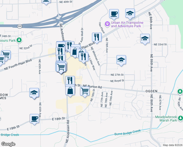 map of restaurants, bars, coffee shops, grocery stores, and more near 2712 Northeast Burton Road in Vancouver