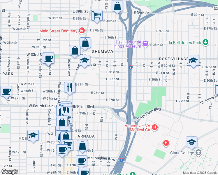 map of restaurants, bars, coffee shops, grocery stores, and more near 615 East 29th Street in Vancouver