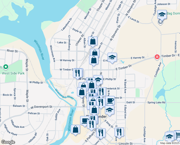 map of restaurants, bars, coffee shops, grocery stores, and more near 119 West Timber Drive in Rhinelander