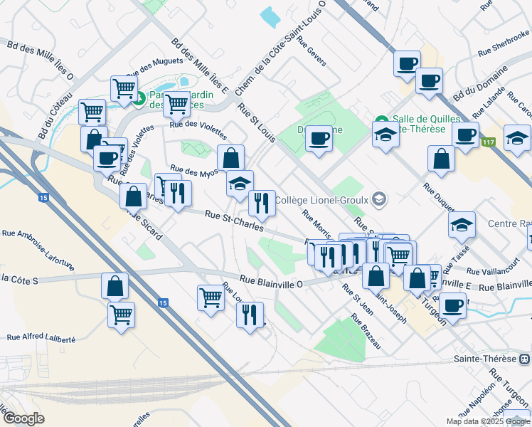 map of restaurants, bars, coffee shops, grocery stores, and more near 57 Rue Saint Stanislas in Sainte-Thérèse
