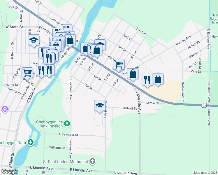 map of restaurants, bars, coffee shops, grocery stores, and more near 201 South F Street in Cheboygan