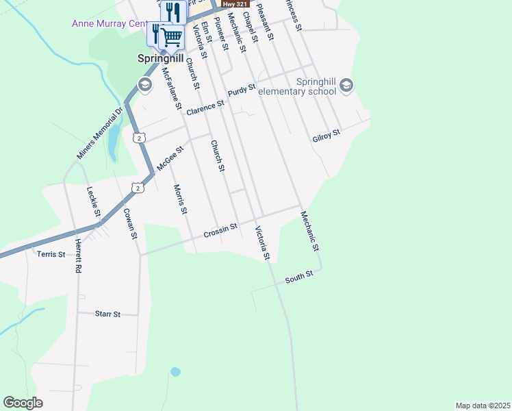map of restaurants, bars, coffee shops, grocery stores, and more near Victoria Street in Springhill