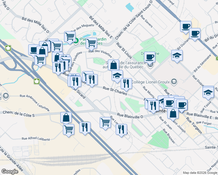 map of restaurants, bars, coffee shops, grocery stores, and more near 100 Rue Saint-Charles in Sainte-Thérèse