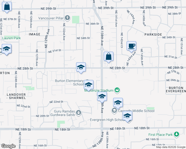 map of restaurants, bars, coffee shops, grocery stores, and more near 2614 Northeast 138th Avenue in Vancouver