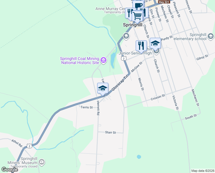 map of restaurants, bars, coffee shops, grocery stores, and more near 12 Leckie Street in Springhill