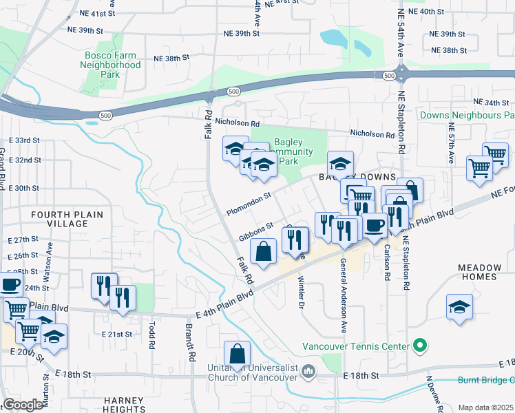 map of restaurants, bars, coffee shops, grocery stores, and more near 4103 Plomondon Street in Vancouver