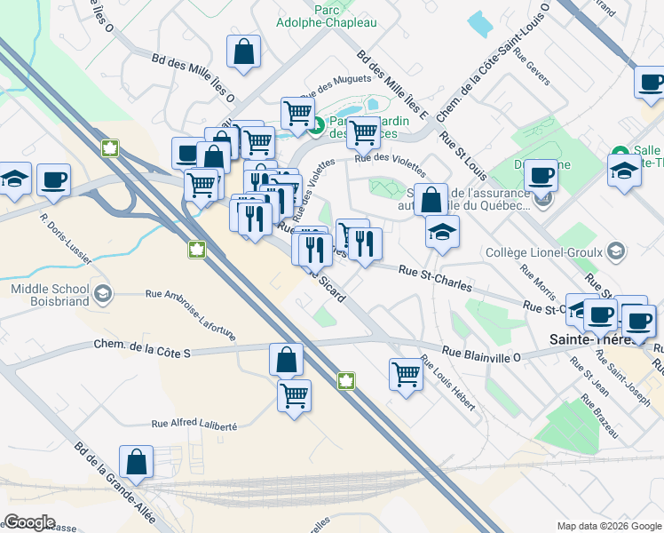 map of restaurants, bars, coffee shops, grocery stores, and more near 225 Rue Sicard in Sainte-Thérèse