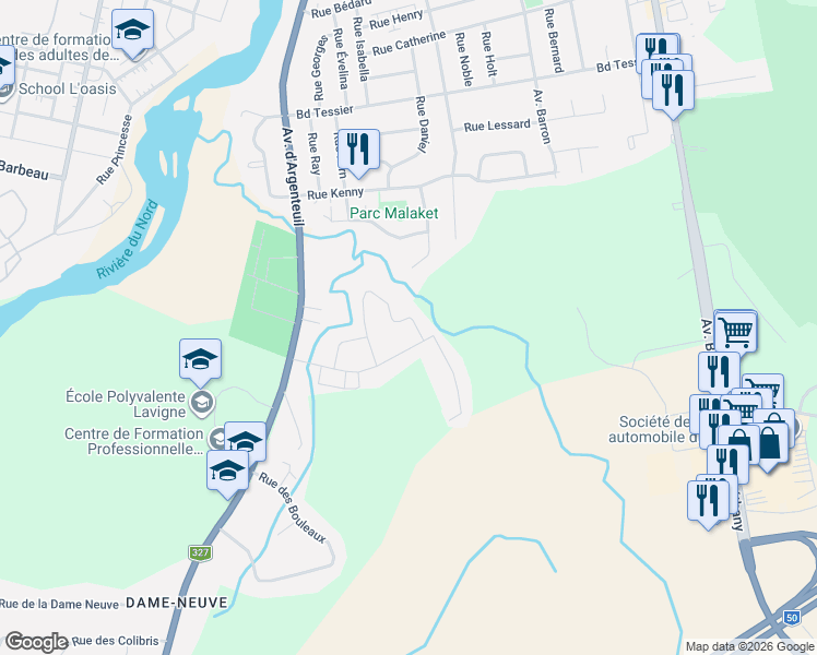 map of restaurants, bars, coffee shops, grocery stores, and more near 186 Rue des Épinettes in Lachute