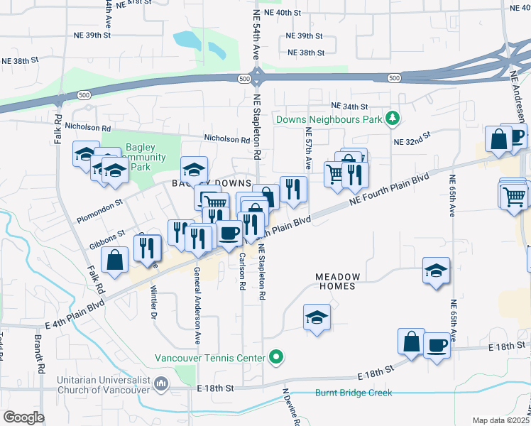 map of restaurants, bars, coffee shops, grocery stores, and more near 5400 Northeast Fourth Plain Boulevard in Vancouver