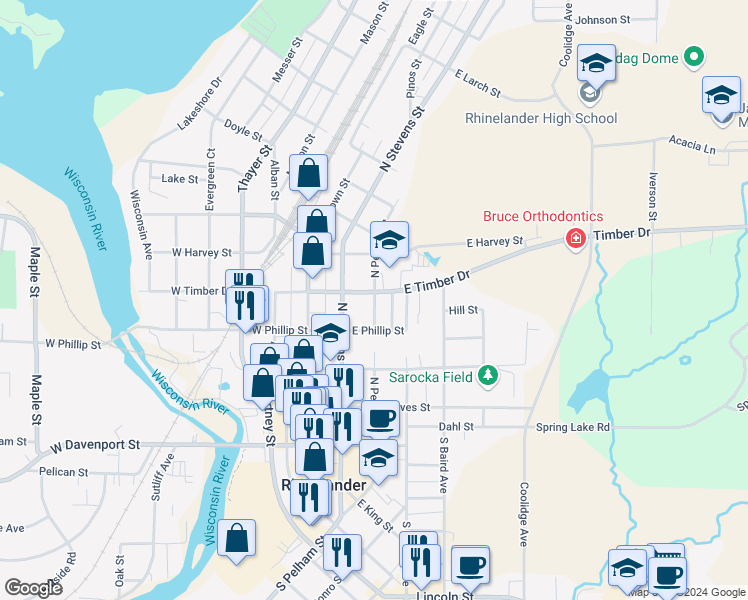 map of restaurants, bars, coffee shops, grocery stores, and more near 325 North Pelham Street in Rhinelander