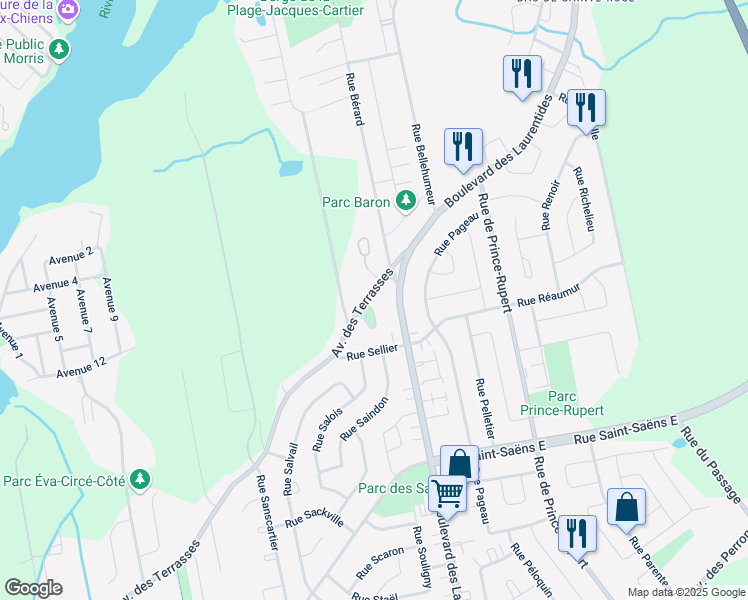 map of restaurants, bars, coffee shops, grocery stores, and more near 310 Place des Terrasses in Laval
