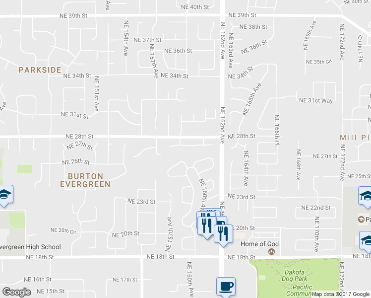 map of restaurants, bars, coffee shops, grocery stores, and more near 15807 Northeast 27th Circle in Vancouver