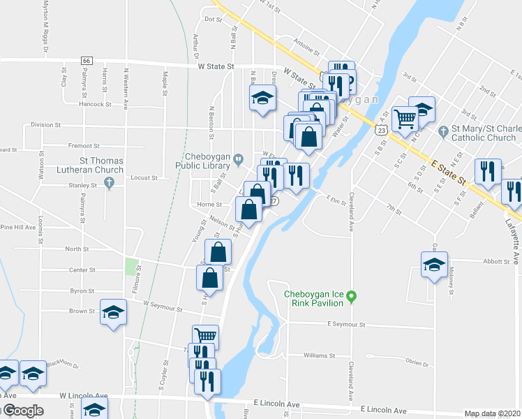 map of restaurants, bars, coffee shops, grocery stores, and more near 201 Locust Street in Cheboygan