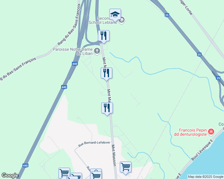 map of restaurants, bars, coffee shops, grocery stores, and more near 1490 Montée Masson in Laval
