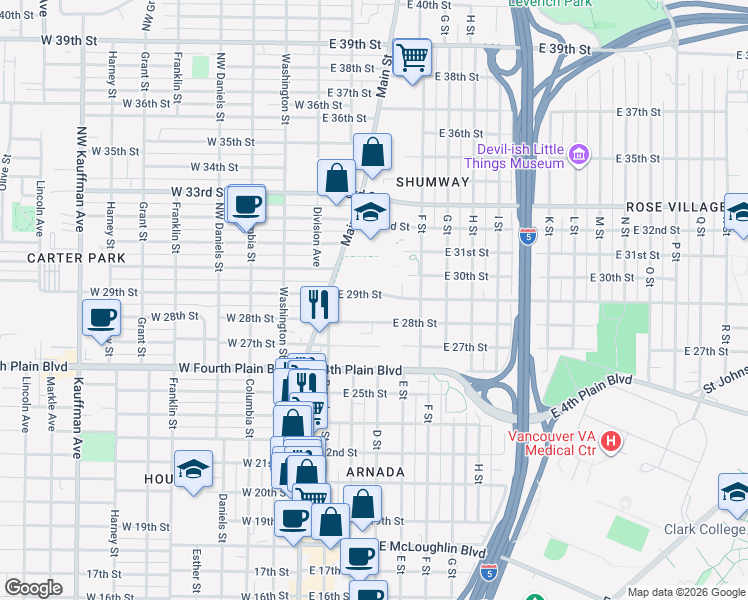 map of restaurants, bars, coffee shops, grocery stores, and more near 310 East 28th Street in Vancouver