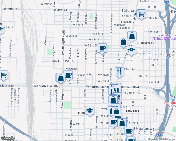 map of restaurants, bars, coffee shops, grocery stores, and more near 511 West 29th Street in Vancouver