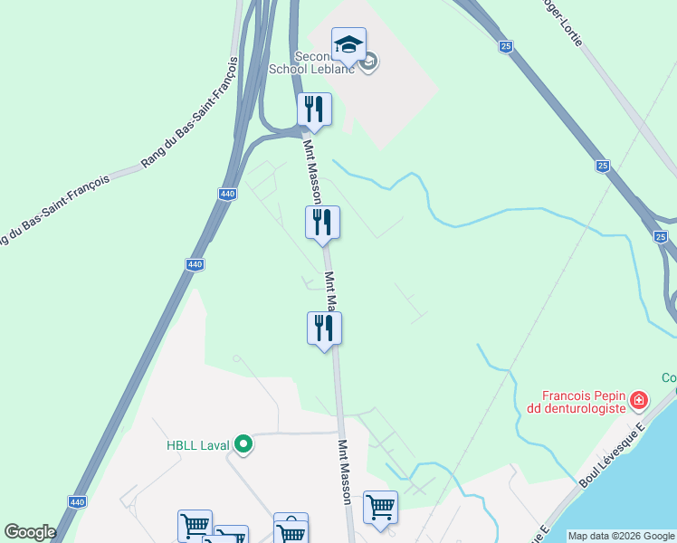 map of restaurants, bars, coffee shops, grocery stores, and more near 1490 Montée Masson in Laval