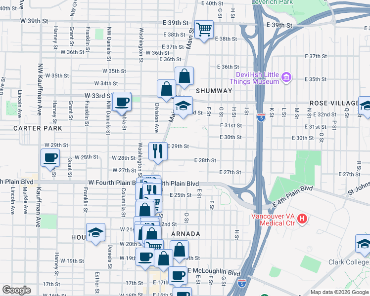 map of restaurants, bars, coffee shops, grocery stores, and more near 310 East 28th Street in Vancouver