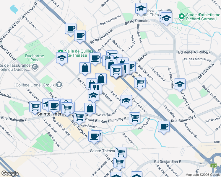 map of restaurants, bars, coffee shops, grocery stores, and more near 59 Rue Gauthier in Sainte-Thérèse