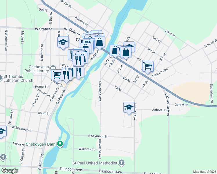 map of restaurants, bars, coffee shops, grocery stores, and more near 304 South C Street in Cheboygan