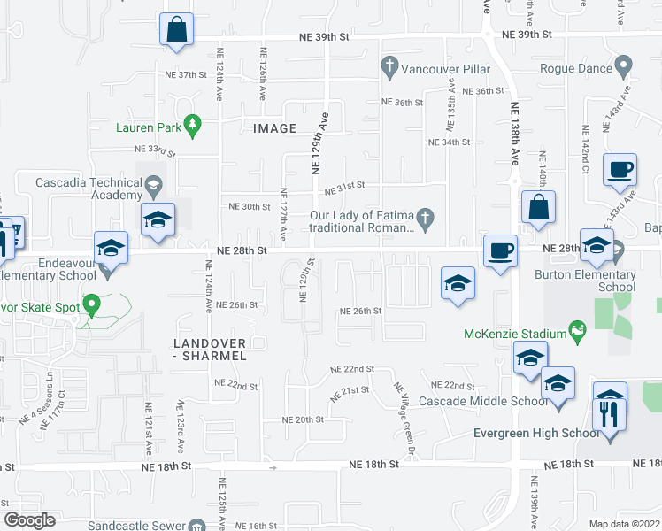 map of restaurants, bars, coffee shops, grocery stores, and more near 2714 Northeast 130th Court in Vancouver