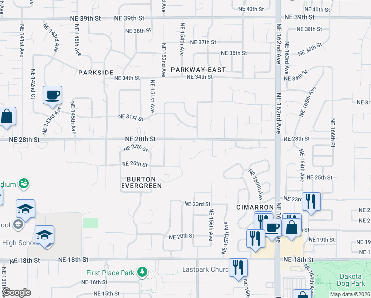 map of restaurants, bars, coffee shops, grocery stores, and more near 2705 Northeast 154th Court in Vancouver
