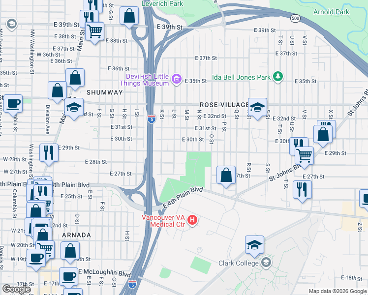 map of restaurants, bars, coffee shops, grocery stores, and more near 1214 East 29th Street in Vancouver