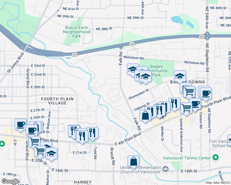 map of restaurants, bars, coffee shops, grocery stores, and more near 2920 Falk Road in Vancouver