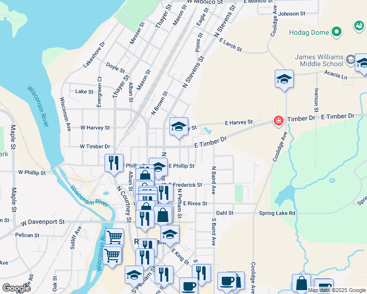 map of restaurants, bars, coffee shops, grocery stores, and more near 126 East Timber Drive in Rhinelander