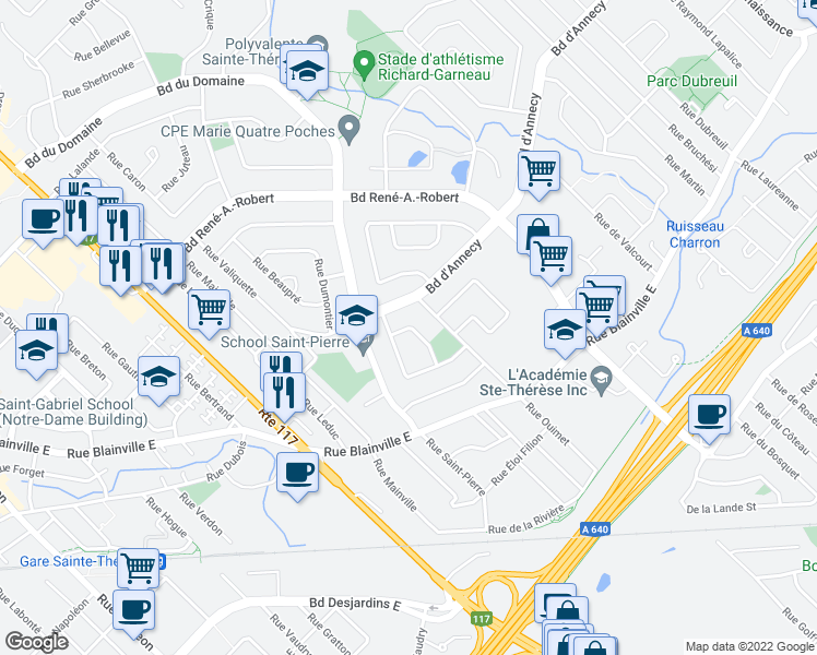 map of restaurants, bars, coffee shops, grocery stores, and more near 236 Avenue d'Albigny in Sainte-Thérèse