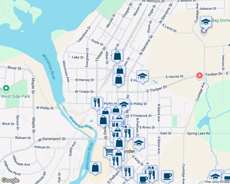 map of restaurants, bars, coffee shops, grocery stores, and more near 119 West Timber Drive in Rhinelander