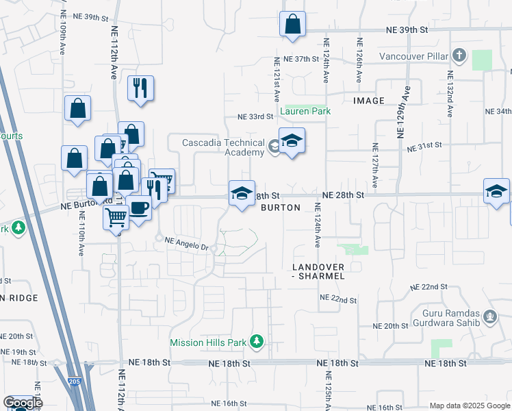 map of restaurants, bars, coffee shops, grocery stores, and more near 2701 Northeast 4 Seasons Lane in Vancouver