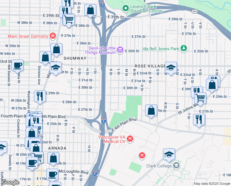 map of restaurants, bars, coffee shops, grocery stores, and more near 1100 East 29th Street in Vancouver