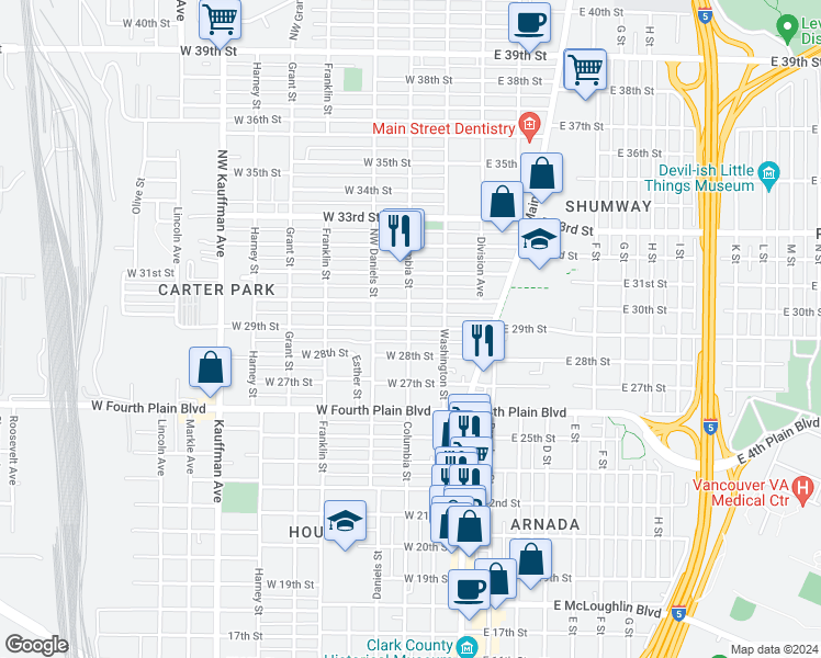 map of restaurants, bars, coffee shops, grocery stores, and more near 281 West 29th Street in Vancouver
