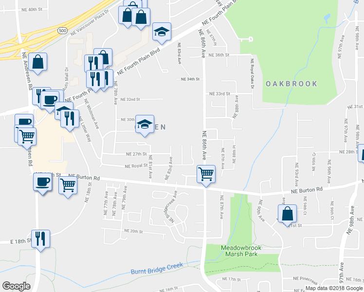 map of restaurants, bars, coffee shops, grocery stores, and more near 2720 Northeast 84th Avenue in Vancouver