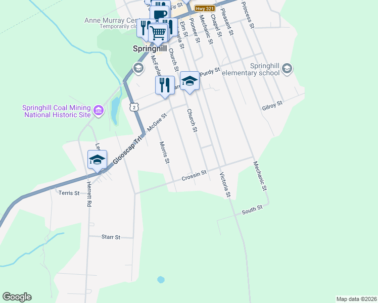 map of restaurants, bars, coffee shops, grocery stores, and more near 84 McFarlane Street in Springhill