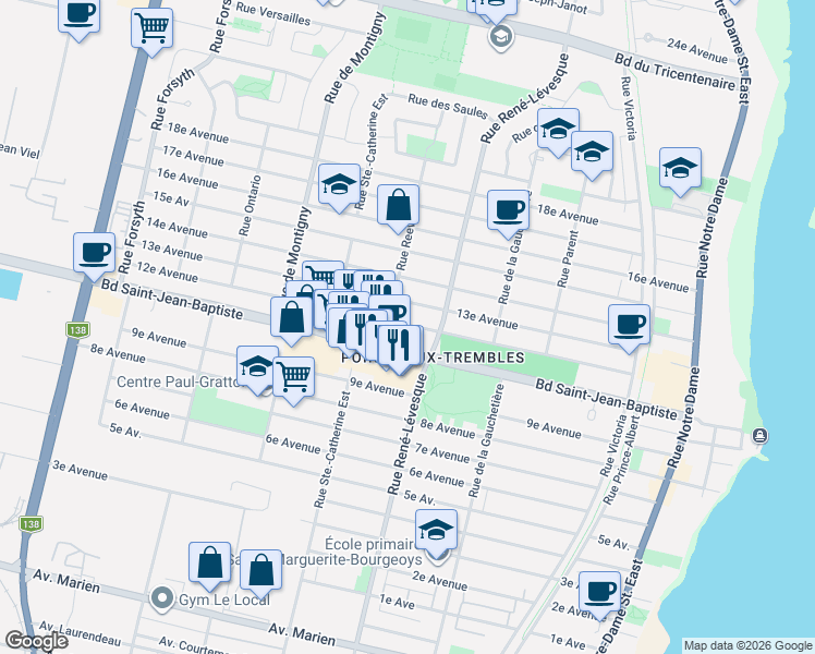 map of restaurants, bars, coffee shops, grocery stores, and more near 1240 12e Avenue in Montréal