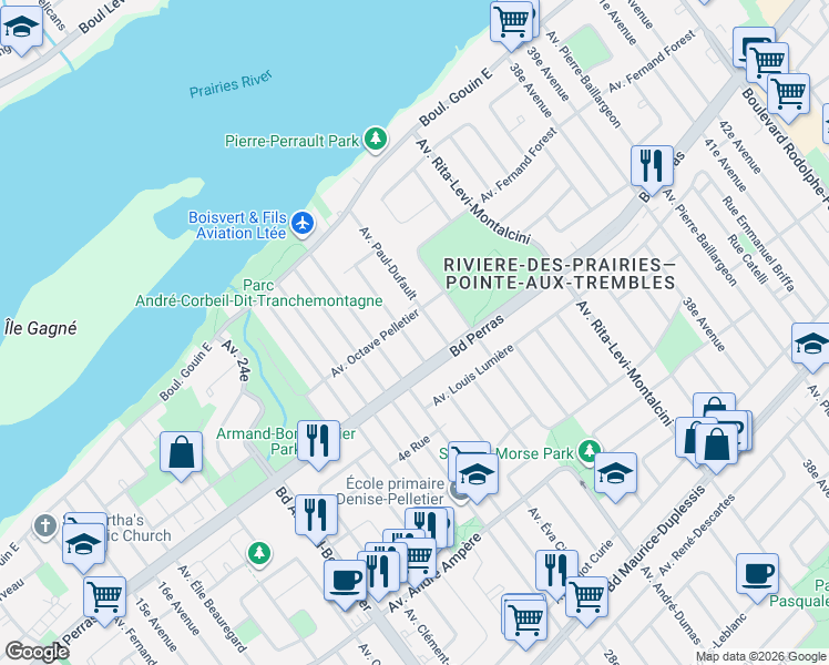map of restaurants, bars, coffee shops, grocery stores, and more near 12557 Avenue Léon-Ringuet in Montréal