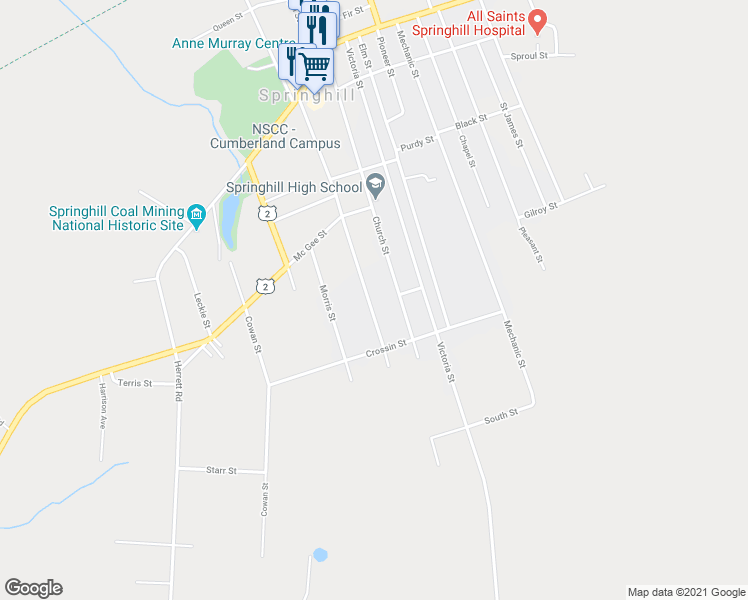 map of restaurants, bars, coffee shops, grocery stores, and more near 84 McFarlane Street in Springhill