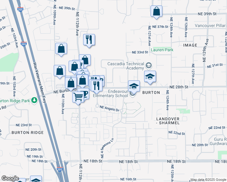 map of restaurants, bars, coffee shops, grocery stores, and more near 11515 Northeast 28th Street in Vancouver