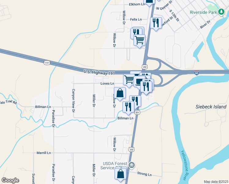 map of restaurants, bars, coffee shops, grocery stores, and more near 2221 Willow Drive in Livingston