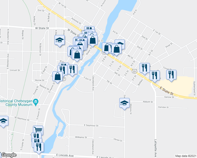 map of restaurants, bars, coffee shops, grocery stores, and more near 304 South C Street in Cheboygan