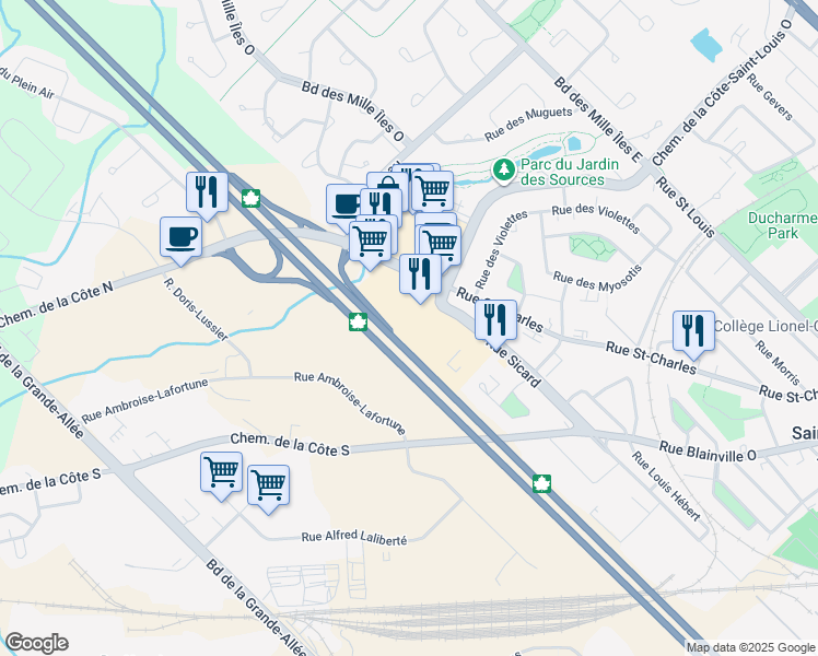 map of restaurants, bars, coffee shops, grocery stores, and more near 300 Rue Sicard in Sainte-Thérèse