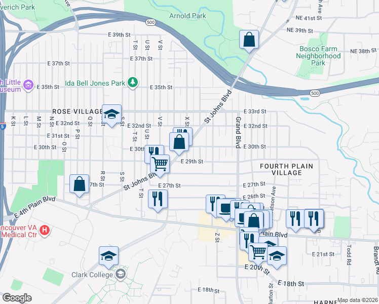 map of restaurants, bars, coffee shops, grocery stores, and more near 2913 X Street in Vancouver