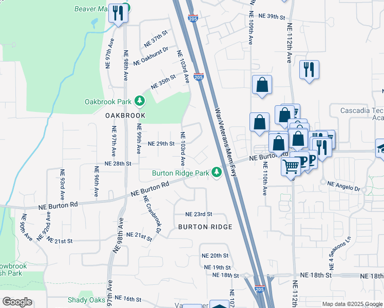 map of restaurants, bars, coffee shops, grocery stores, and more near 10508 Northeast Oakbrook Circle in Vancouver