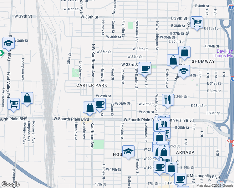 map of restaurants, bars, coffee shops, grocery stores, and more near 610 West 28th Street in Vancouver