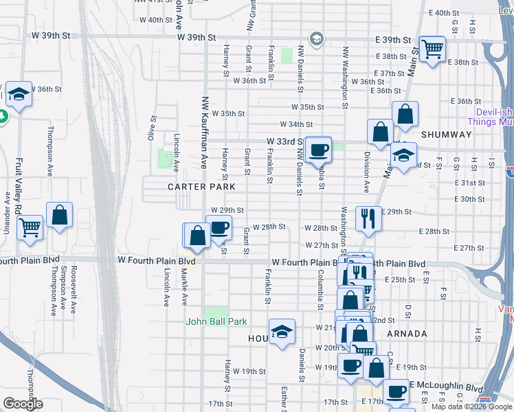 map of restaurants, bars, coffee shops, grocery stores, and more near 614 West 29th Street in Vancouver