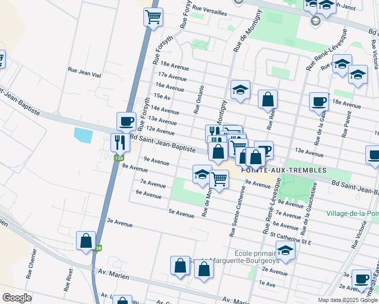 map of restaurants, bars, coffee shops, grocery stores, and more near 1760 Boulevard Saint-Jean-Baptiste in Montrã©Al
