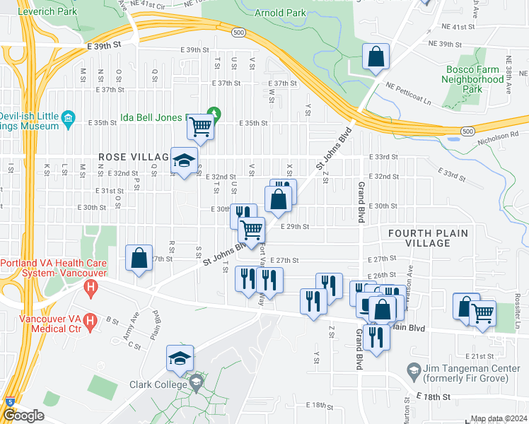 map of restaurants, bars, coffee shops, grocery stores, and more near 2803 Saint Johns Boulevard in Vancouver