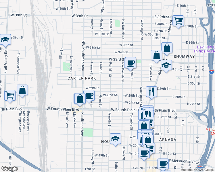 map of restaurants, bars, coffee shops, grocery stores, and more near 604 West 29th Street in Vancouver